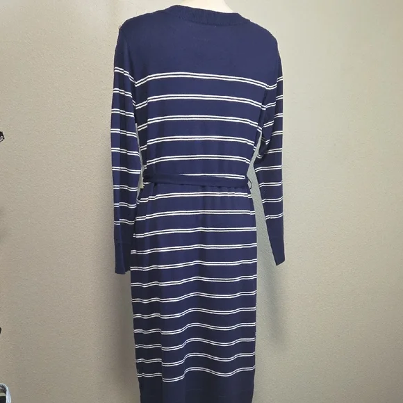 Elegant Navy Striped Long Sleeve Dress - Picture 6 of 6